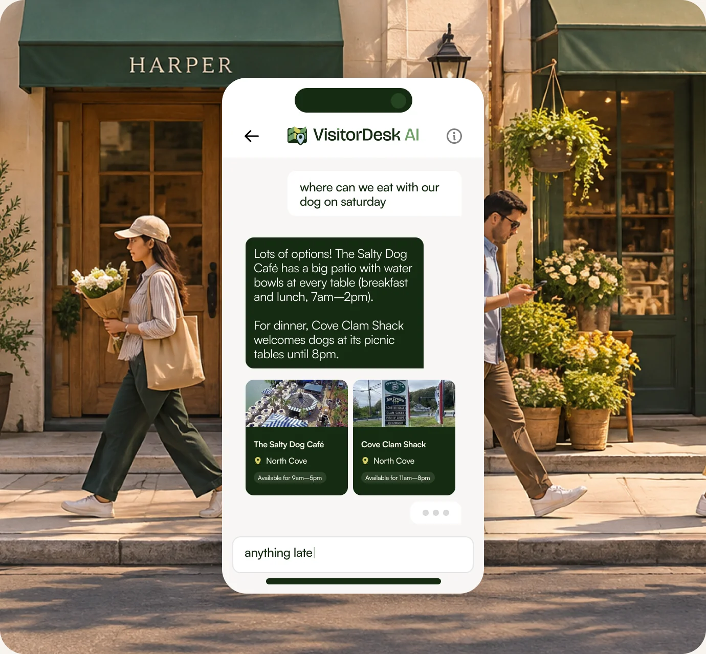 A visitor asks the VisitorDesk AI chat on a phone where to eat with their dog on Saturday, and gets two member restaurants with hours